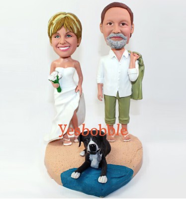 Bobblehead Wedding Couple with Pet on Beach