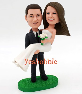 Groom Carries Bride Bobblehead Wedding Cake Topper