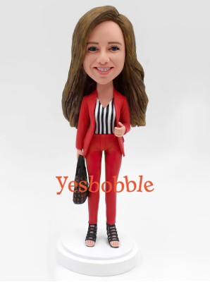Female in Red Suit Holding a Handbag Bobblehead